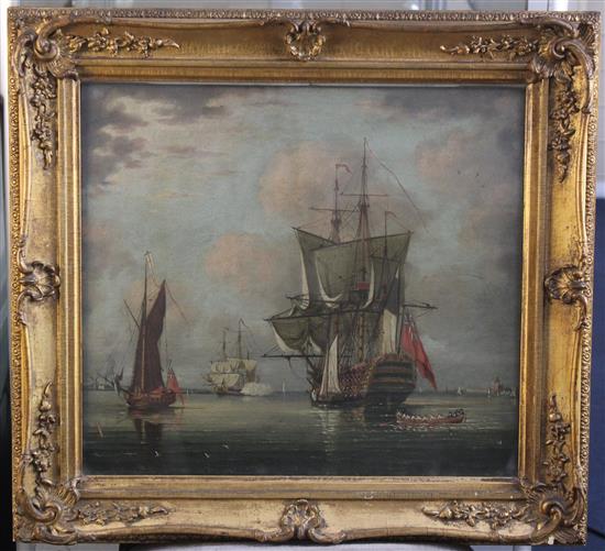 Circle of Lieut Robert Strickland Thomas (1787-1853) HMS Britannia in Portsmouth harbour, 16 x 18.5in.